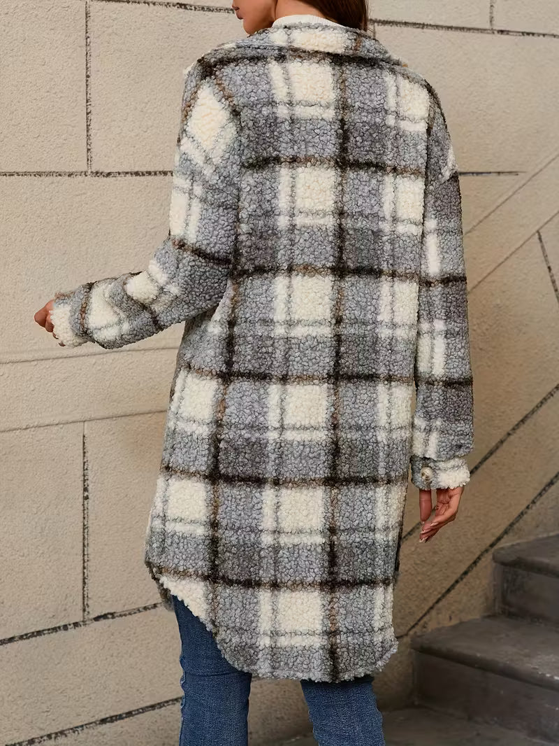 Women’s Plaid Teddy Jacket – Warm Fleece Oversized Coat