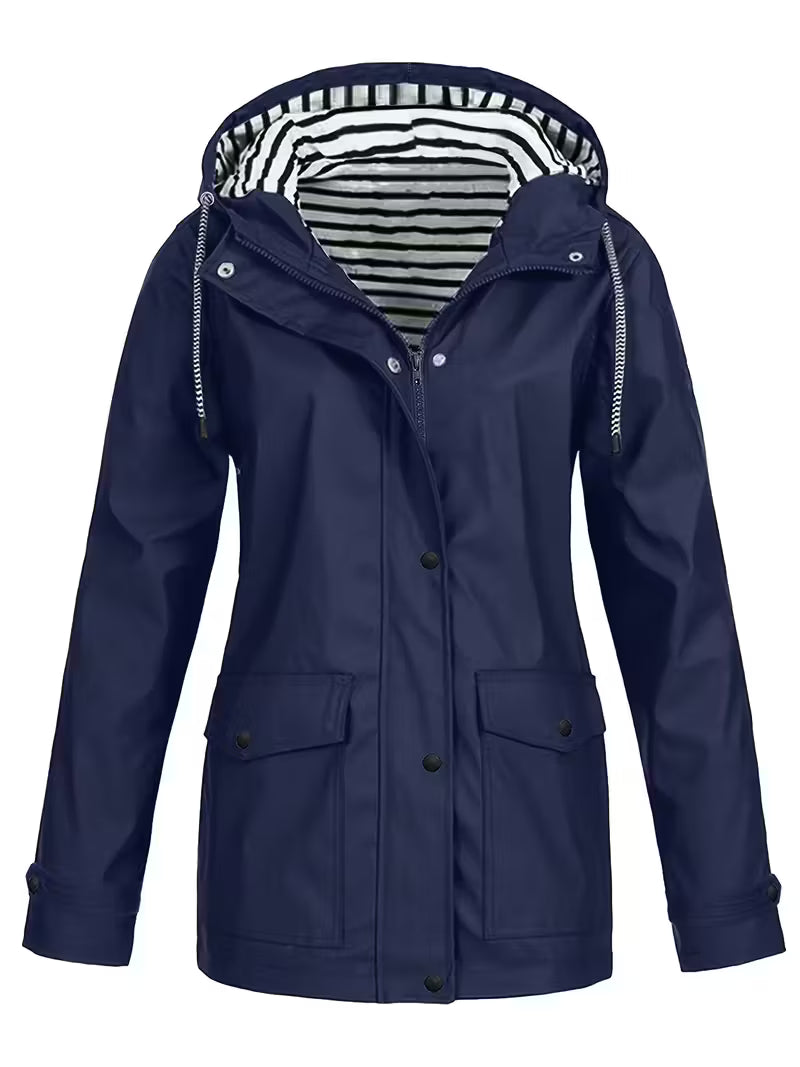 Women’s Waterproof Hooded Raincoat – Lightweight Rain Jacket with Striped Lining