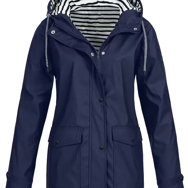 Women’s Waterproof Hooded Raincoat – Lightweight Rain Jacket with Striped Lining