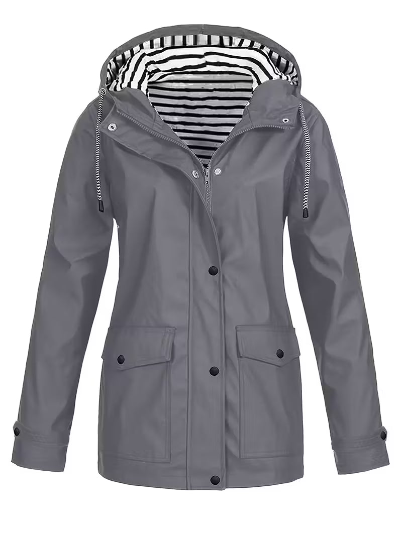 Women’s Waterproof Hooded Raincoat – Lightweight Rain Jacket with Striped Lining