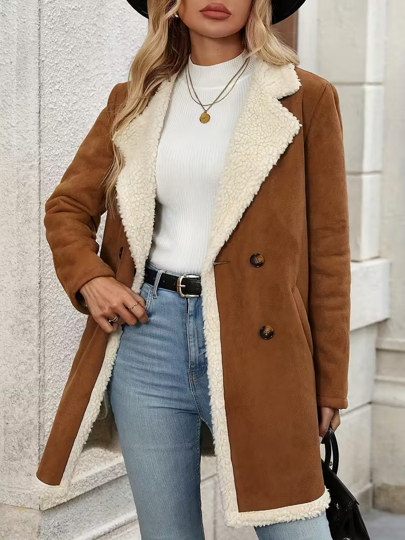 Women’s Camel Shearling Coat – Warm Double Breasted Winter Jacket