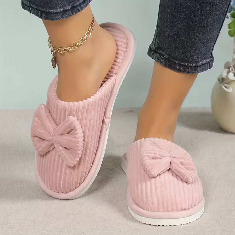 Women’s Warm Fluffy Slippers – Soft Corduroy House Shoes with Bow