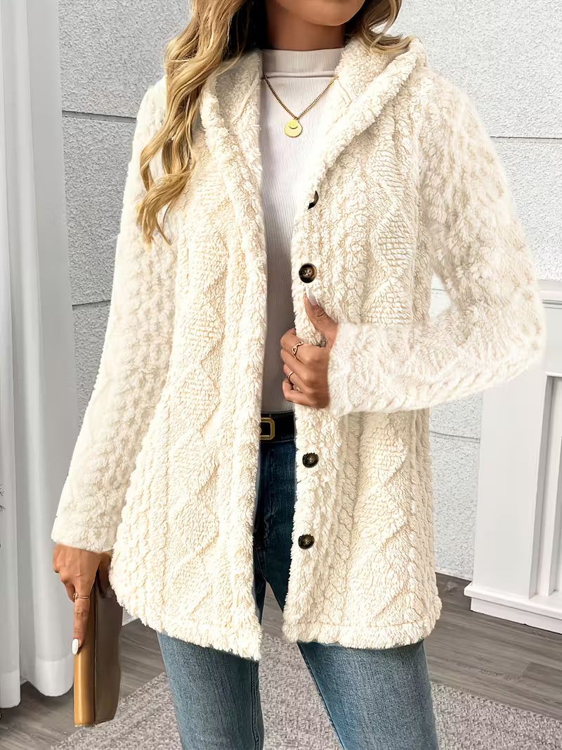 Women’s Hooded Teddy Fleece Jacket – Plush Warm Winter Coat with Quilted Texture