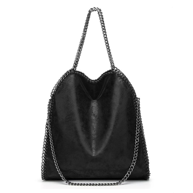 Women’s Large Chain Shoulder Bag | Faux Leather Tote Handbag – Black
