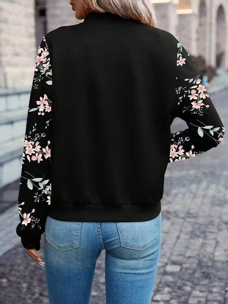 Women’s Floral Bomber Jacket – Black Lightweight Zip-Up Casual Jacket