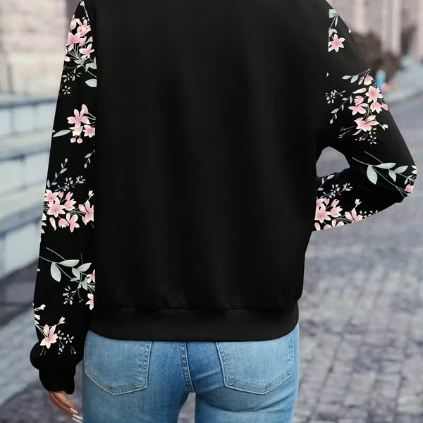 Women’s Floral Bomber Jacket – Black Lightweight Zip-Up Casual Jacket