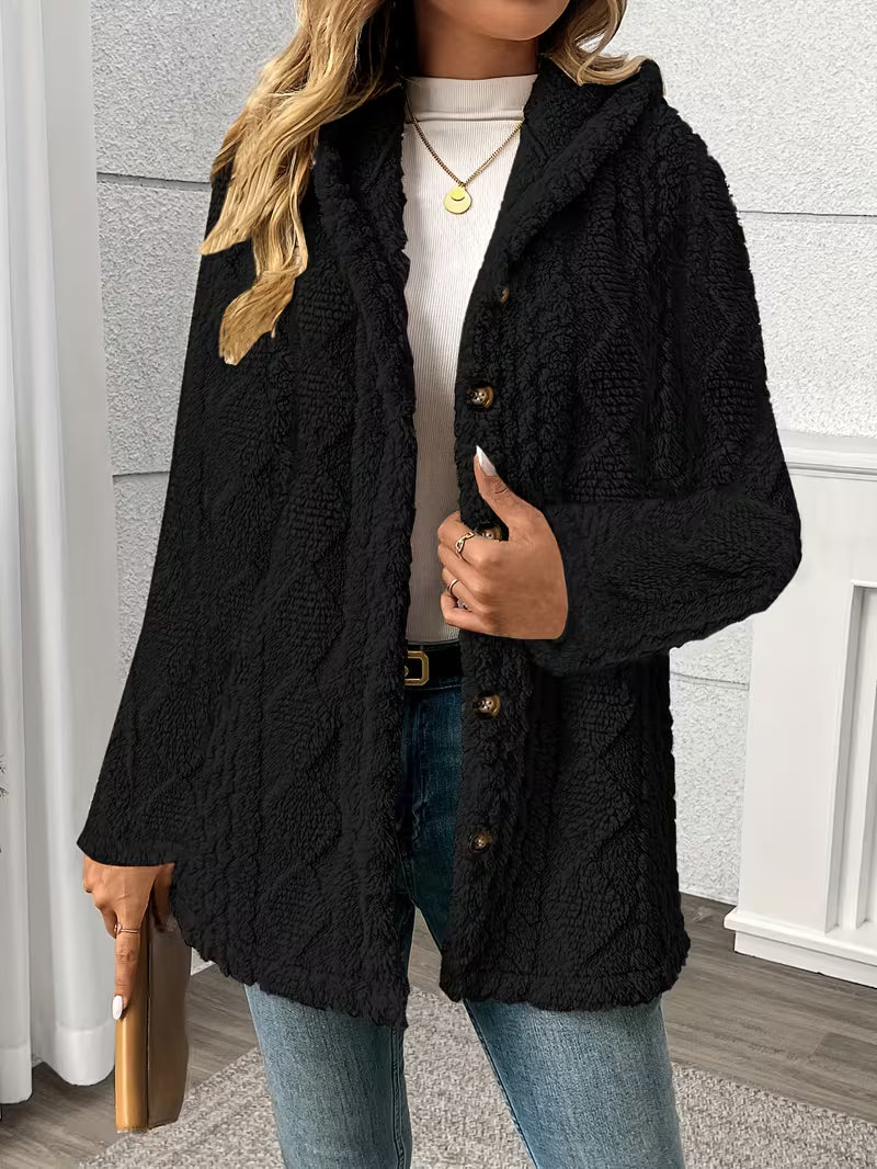 Women’s Hooded Teddy Fleece Jacket – Plush Warm Winter Coat with Quilted Texture