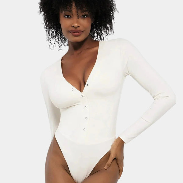 Women’s Long Sleeve Thong Bodysuit – Deep V Neck Shapewear - Tina