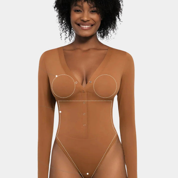 Women’s Long Sleeve Thong Bodysuit – Deep V Neck Shapewear - Tina