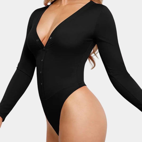 Women’s Long Sleeve Thong Bodysuit – Deep V Neck Shapewear - Tina