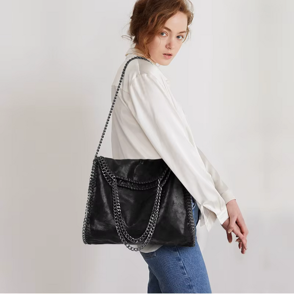 Women’s Large Chain Shoulder Bag | Faux Leather Tote Handbag – Black