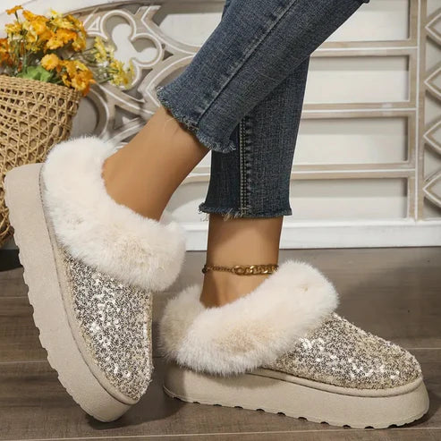 Women's Glitter Fur-Lined Slippers – Warm, Cozy & Stylish Indoor/Outdoor Shoes
