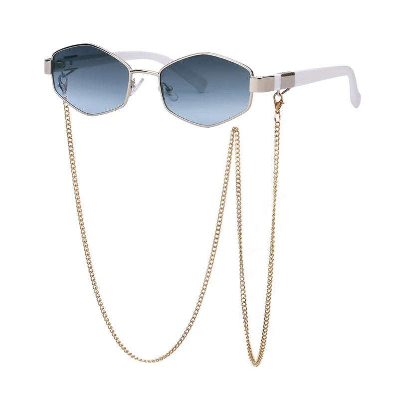 Luxury Hexagon Sunglasses for Women - Small Frame with Chain