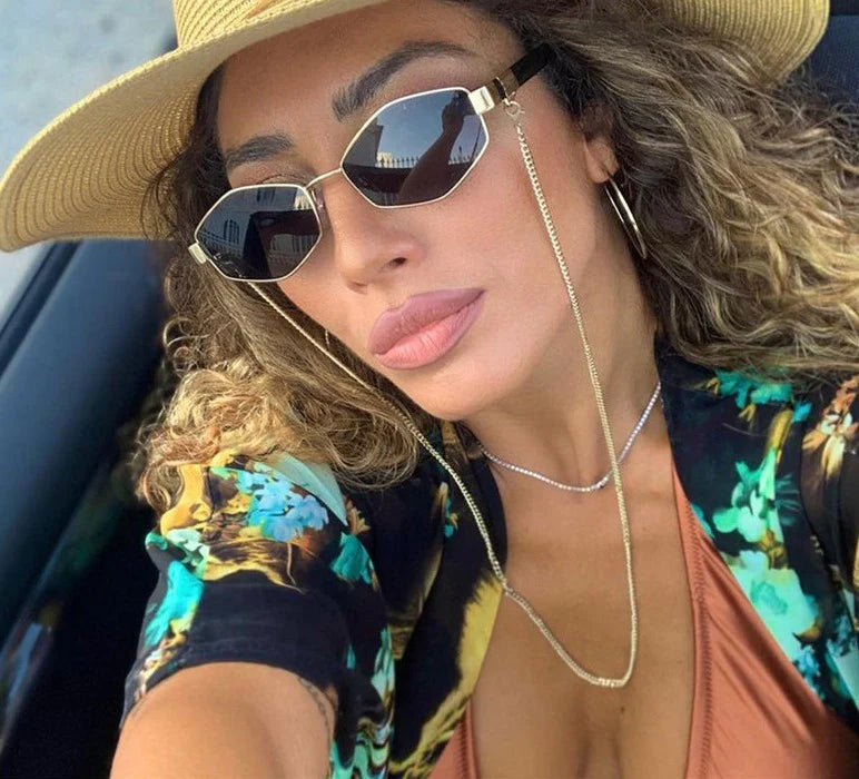 Luxury Hexagon Sunglasses for Women - Small Frame with Chain