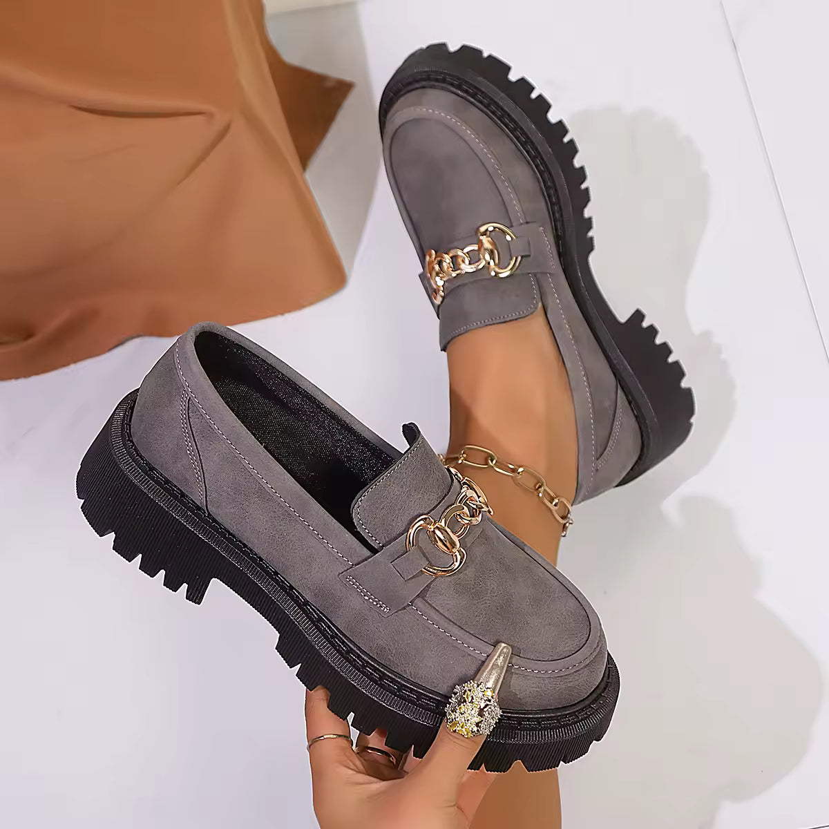 Women’s Chunky Loafers with Chain Detail – Platform Sole