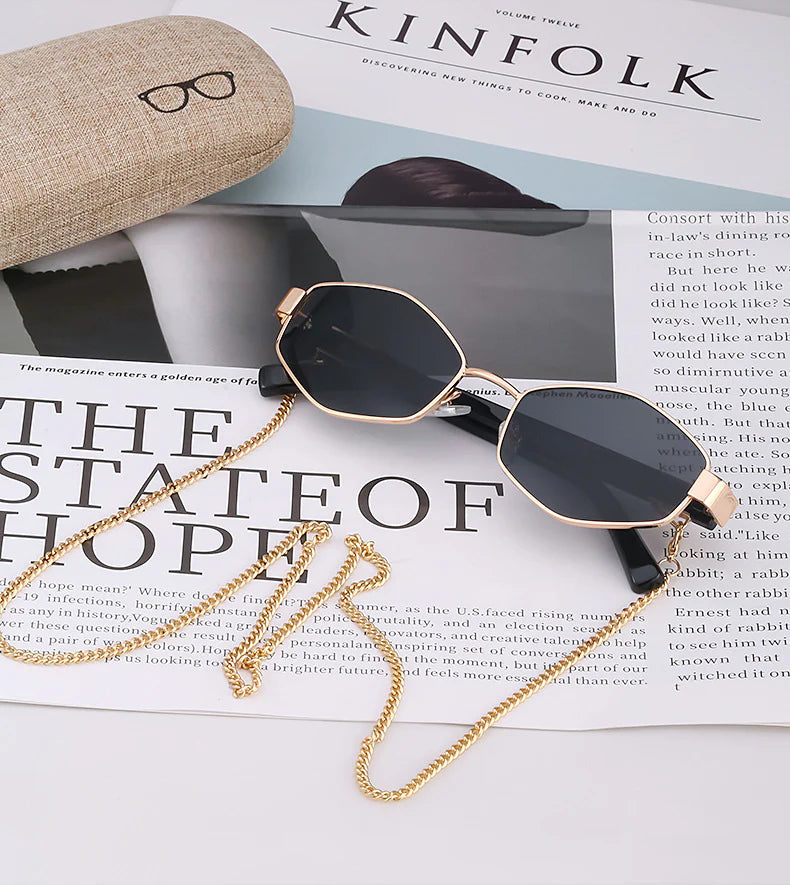 Luxury Hexagon Sunglasses for Women - Small Frame with Chain