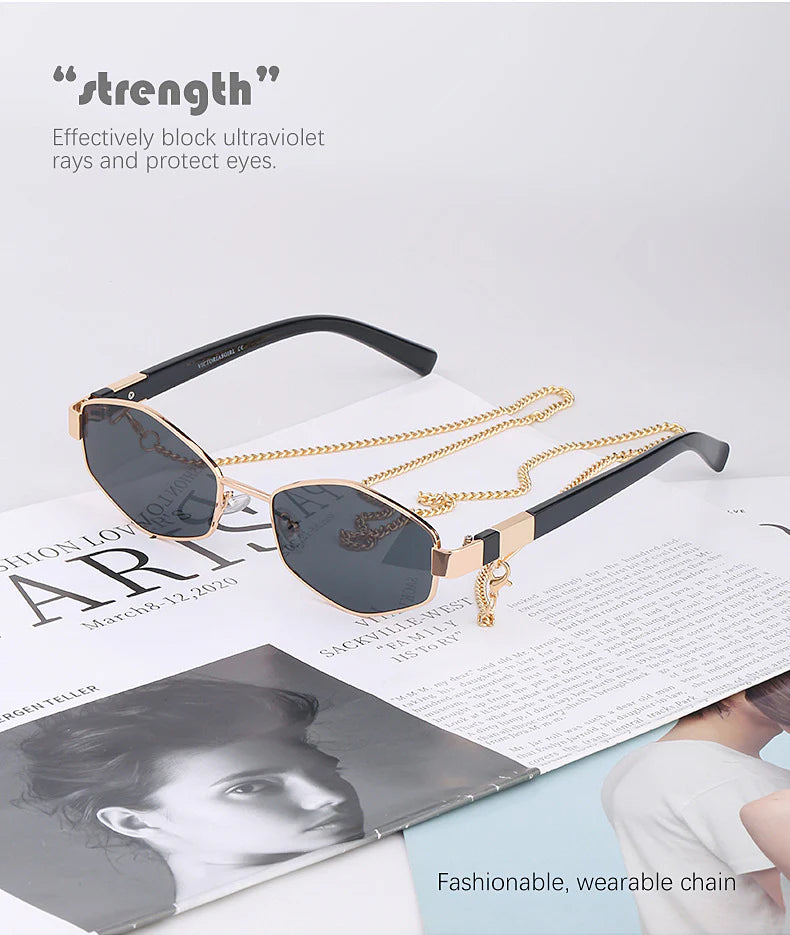 Luxury Hexagon Sunglasses for Women - Small Frame with Chain