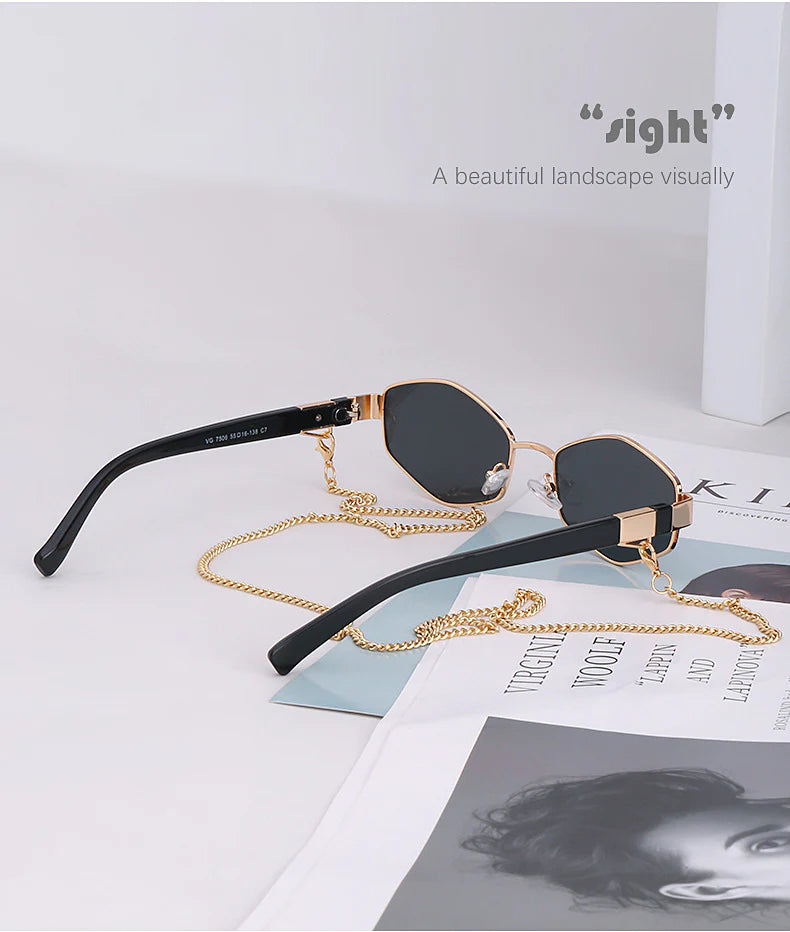 Luxury Hexagon Sunglasses for Women - Small Frame with Chain