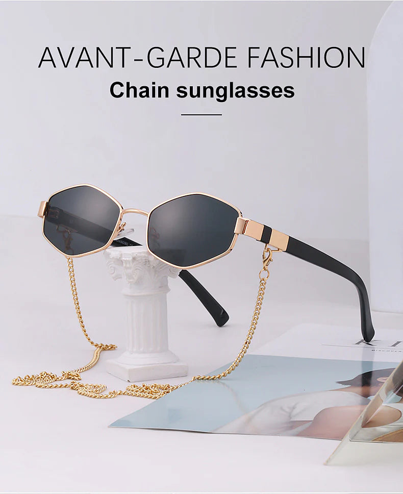 Luxury Hexagon Sunglasses for Women - Small Frame with Chain