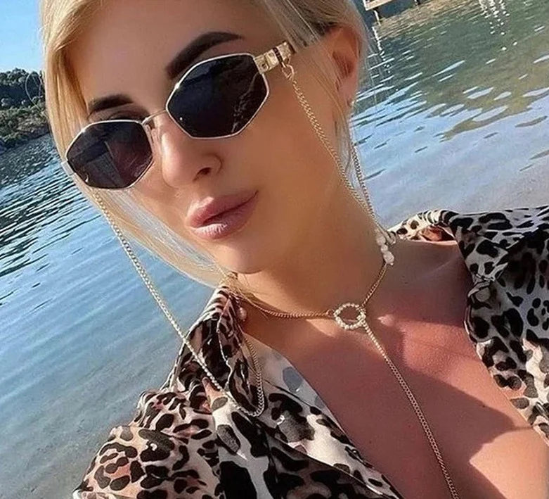 Luxury Hexagon Sunglasses for Women - Small Frame with Chain