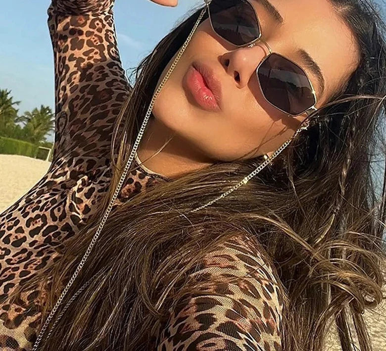 Luxury Hexagon Sunglasses for Women - Small Frame with Chain