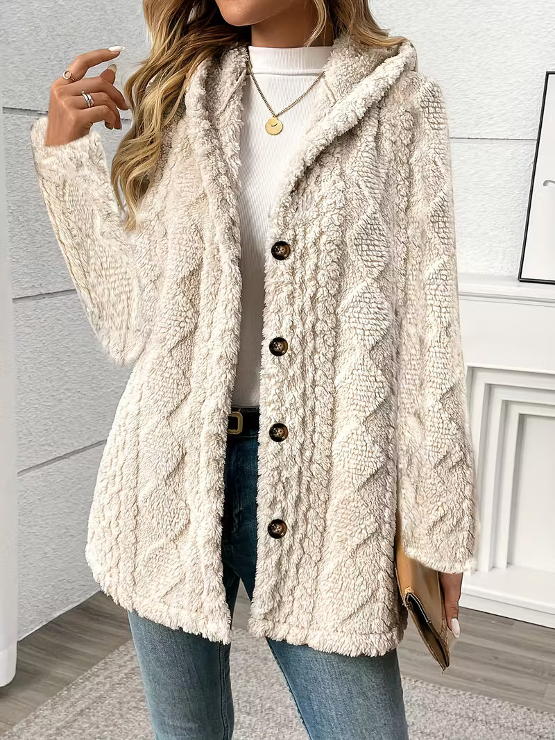 Women’s Hooded Teddy Fleece Jacket – Plush Warm Winter Coat with Quilted Texture