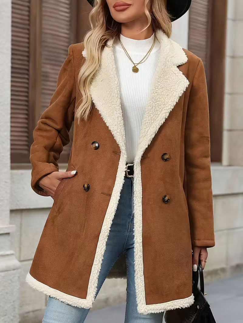 Women’s Camel Shearling Coat – Warm Double Breasted Winter Jacket