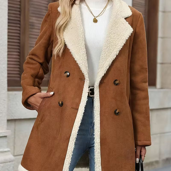 Women’s Camel Shearling Coat – Warm Double Breasted Winter Jacket