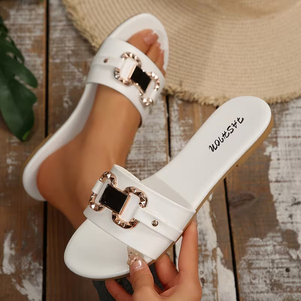 Women’s Stylish Buckle Slide Sandals – Comfortable Summer Flat Sandals