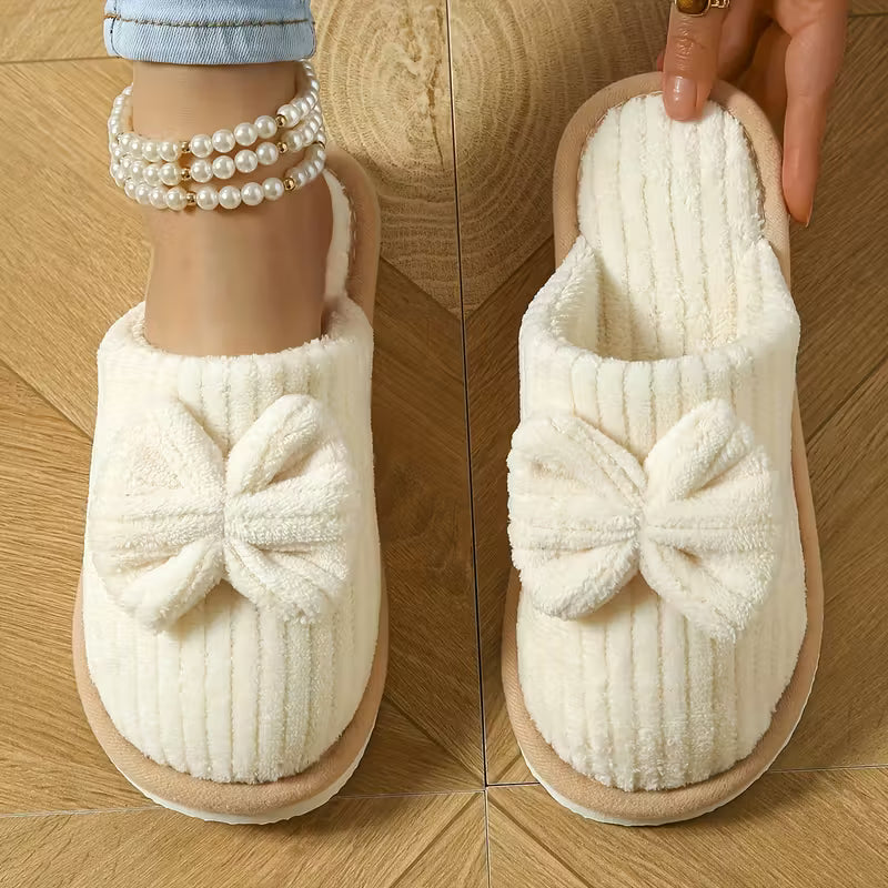 Women’s Warm Fluffy Slippers – Soft Corduroy House Shoes with Bow