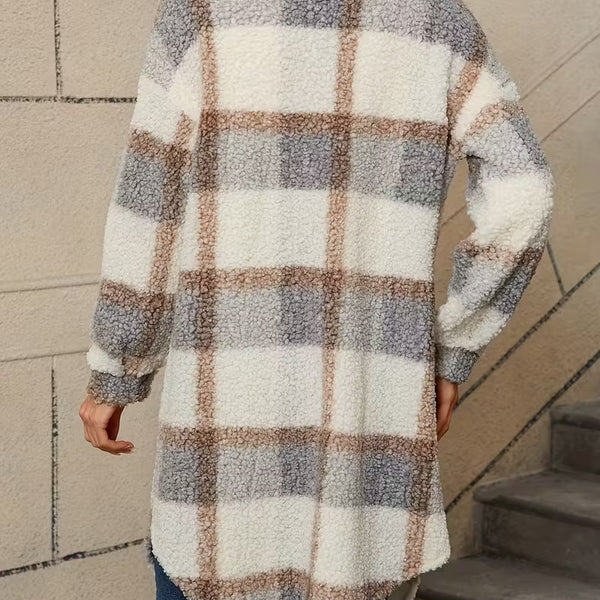Women’s Plaid Teddy Jacket – Warm Fleece Oversized Coat