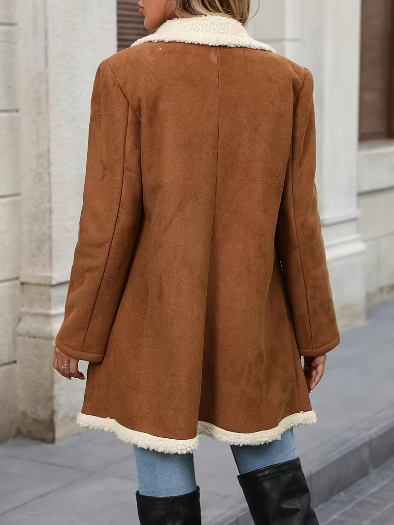 Women’s Camel Shearling Coat – Warm Double Breasted Winter Jacket