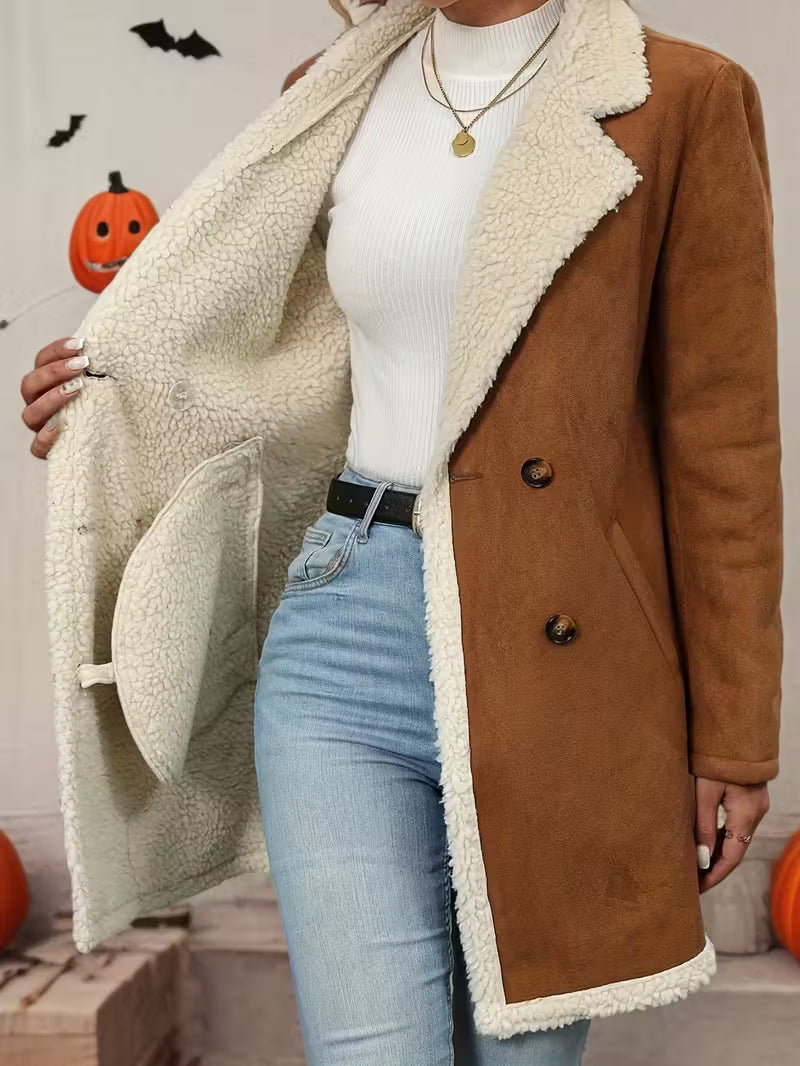 Women’s Camel Shearling Coat – Warm Double Breasted Winter Jacket