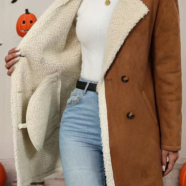 Women’s Camel Shearling Coat – Warm Double Breasted Winter Jacket