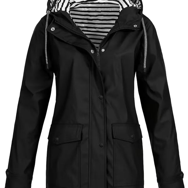 Women’s Waterproof Hooded Raincoat – Lightweight Rain Jacket with Striped Lining