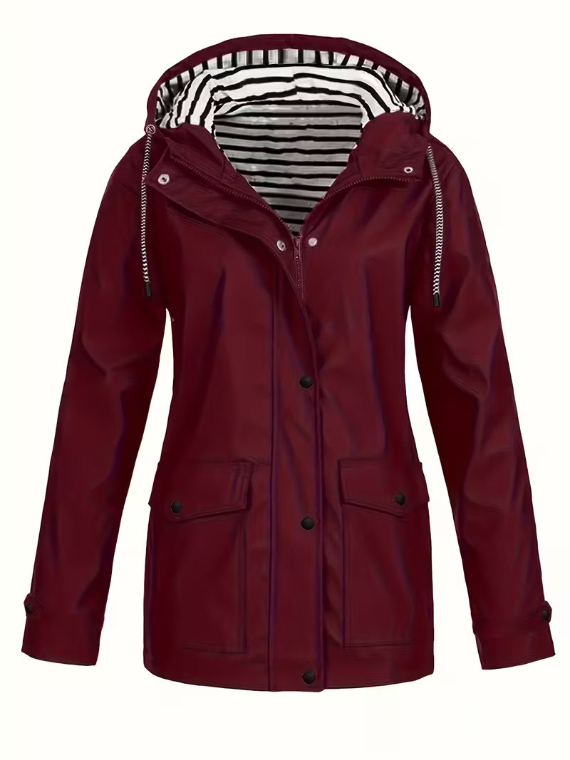 Women’s Waterproof Hooded Raincoat – Lightweight Rain Jacket with Striped Lining