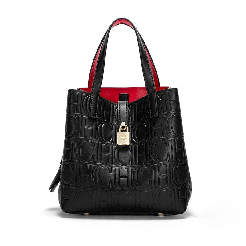 Women’s Embossed Tote Bag | Black Luxury Handbag with Red Lining & Gold Lock