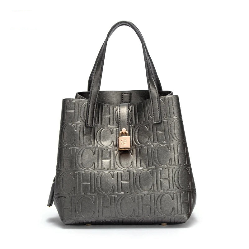 Women’s Embossed Tote Bag | Black Luxury Handbag with Red Lining & Gold Lock