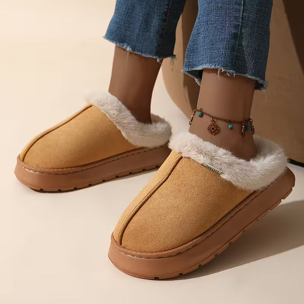 Women’s Elegant Plush Slip-On Slippers – Warm Winter Comfort with EVA Sole