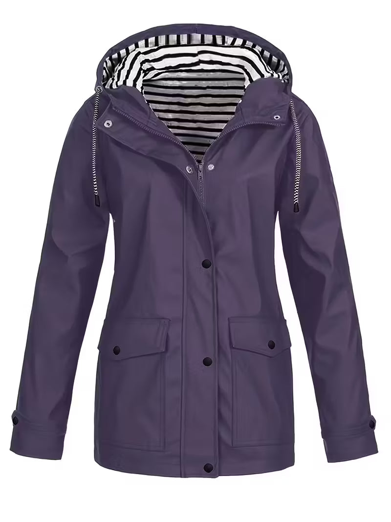 Women’s Waterproof Hooded Raincoat – Lightweight Rain Jacket with Striped Lining