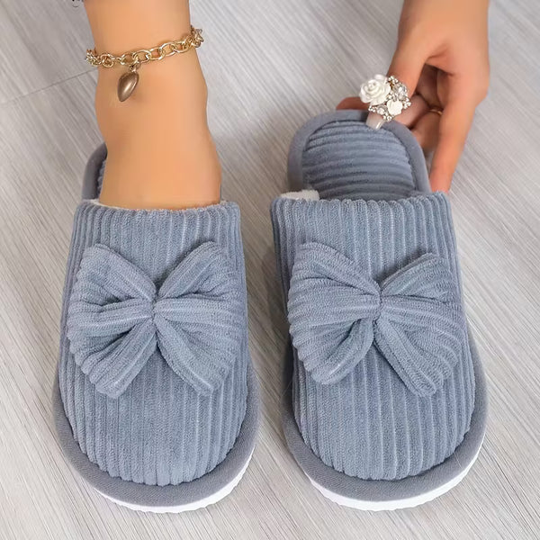Women’s Warm Fluffy Slippers – Soft Corduroy House Shoes with Bow