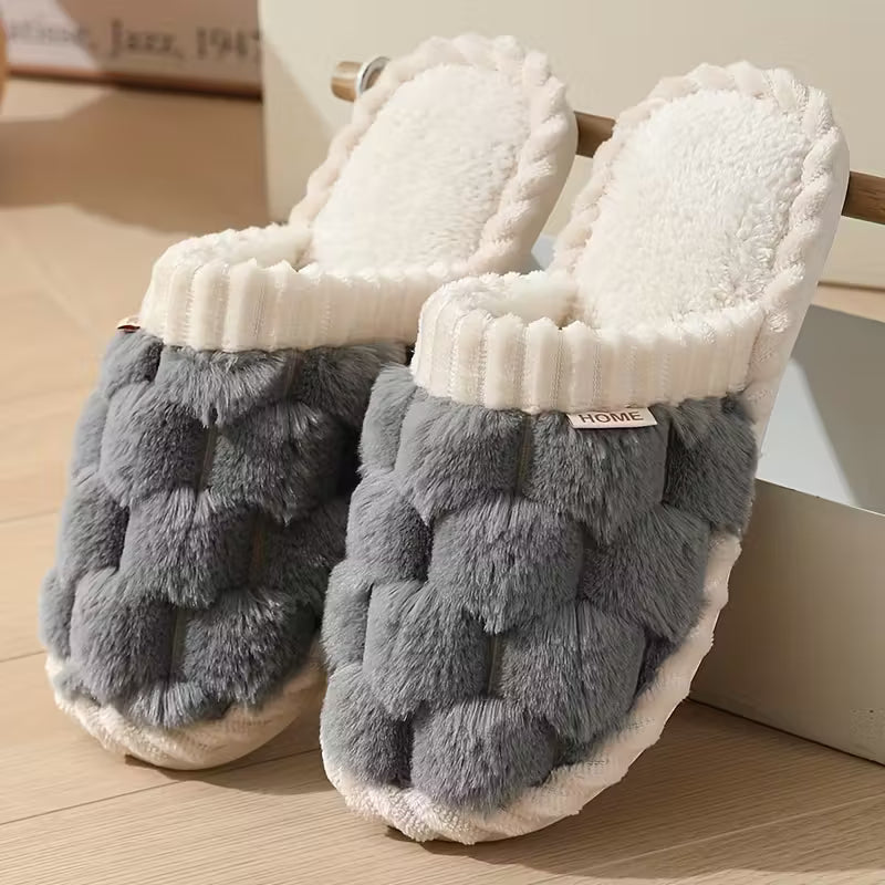 Women’s Warm Fluffy Slippers – Soft Knitted Furry Indoor House Shoes