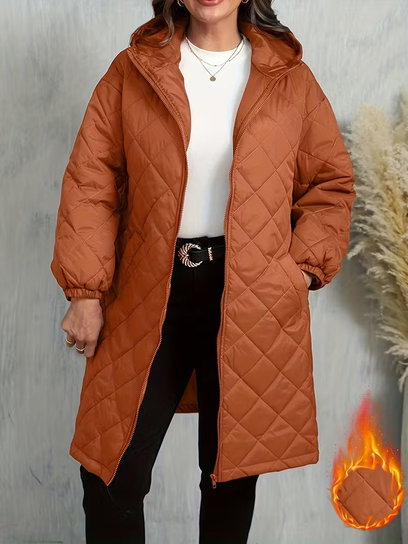 Women’s Warm Quilted Hooded Zip-Up Coat – Long Sleeve Winter Outerwear