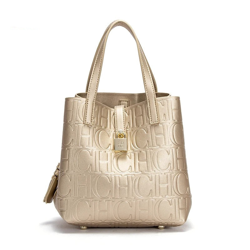 Women’s Embossed Tote Bag | Black Luxury Handbag with Red Lining & Gold Lock