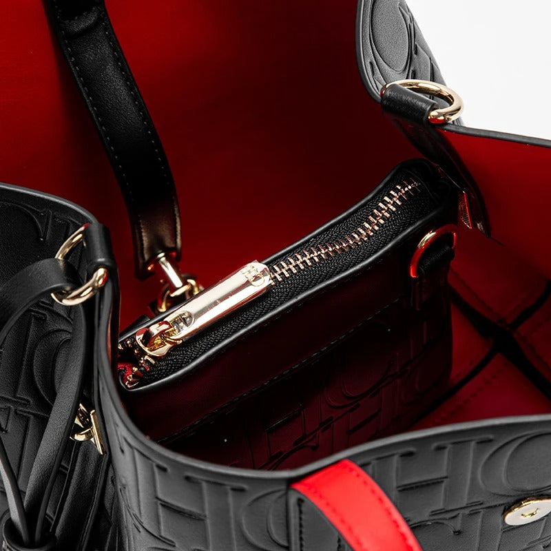 Women’s Embossed Tote Bag | Black Luxury Handbag with Red Lining & Gold Lock