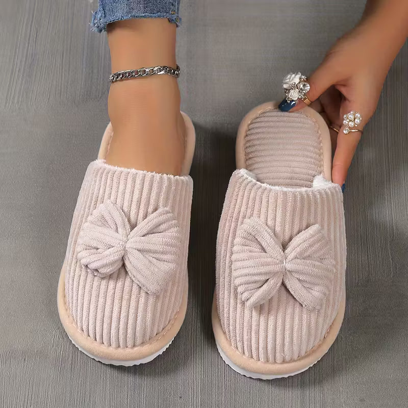Women’s Warm Fluffy Slippers – Soft Corduroy House Shoes with Bow