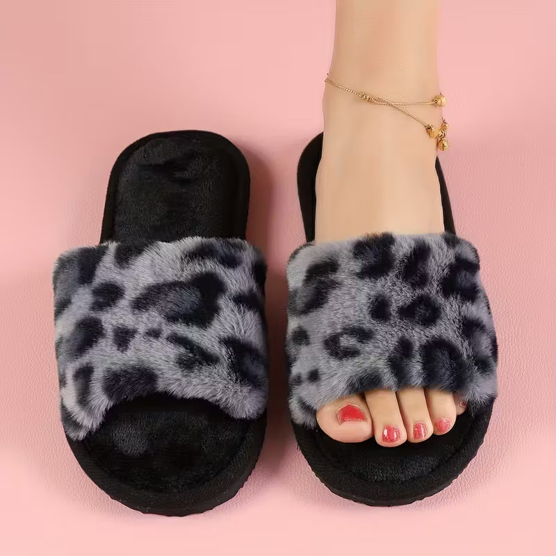 Women’s Warm Fluffy Leopard Slippers – Soft Faux Fur Indoor Slides