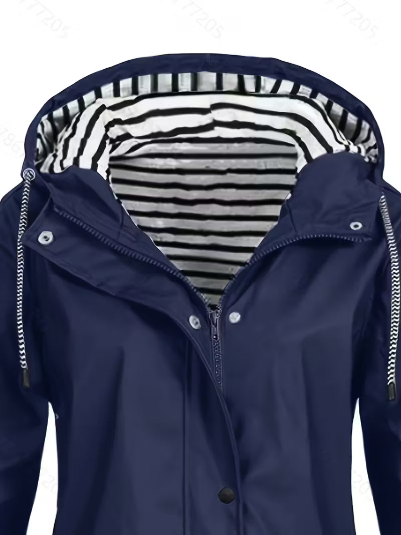 Women’s Waterproof Hooded Raincoat – Lightweight Rain Jacket with Striped Lining