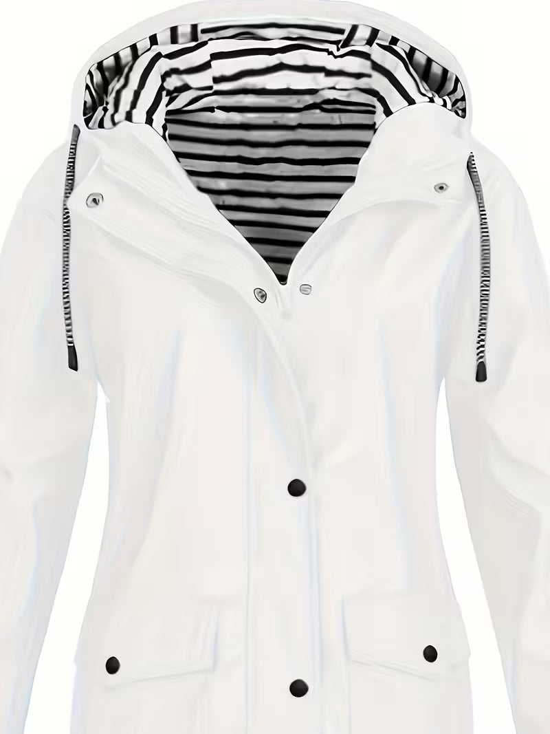 Women’s Waterproof Hooded Raincoat – Lightweight Rain Jacket with Striped Lining