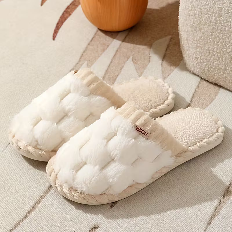 Women’s Warm Fluffy Slippers – Soft Knitted Furry Indoor House Shoes